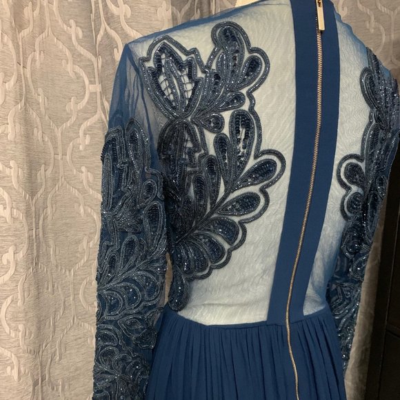 NWT Elie Saab Peacock Blue Sequin Beaded Long Sleeve Gown Dress, Sz 36 - Picture 11 of 14